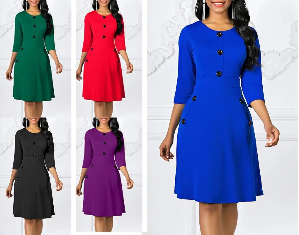 

2021 new women's autumn and winter solid color dress round neck three-quarter sleeves button waist A-line skirt women