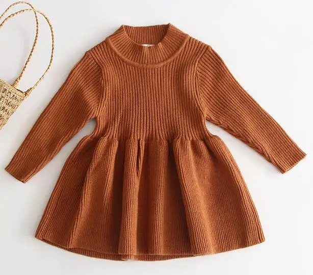 B91Q02 brown Г. Платье для маленьких девочек осенне-зимний шерстяной вязаный свитер для девочек платья для новорожденных девочек вечерние платья с оборками на свадьбу, одежда для маленьких девочек - Цвет: B91Q02 brown