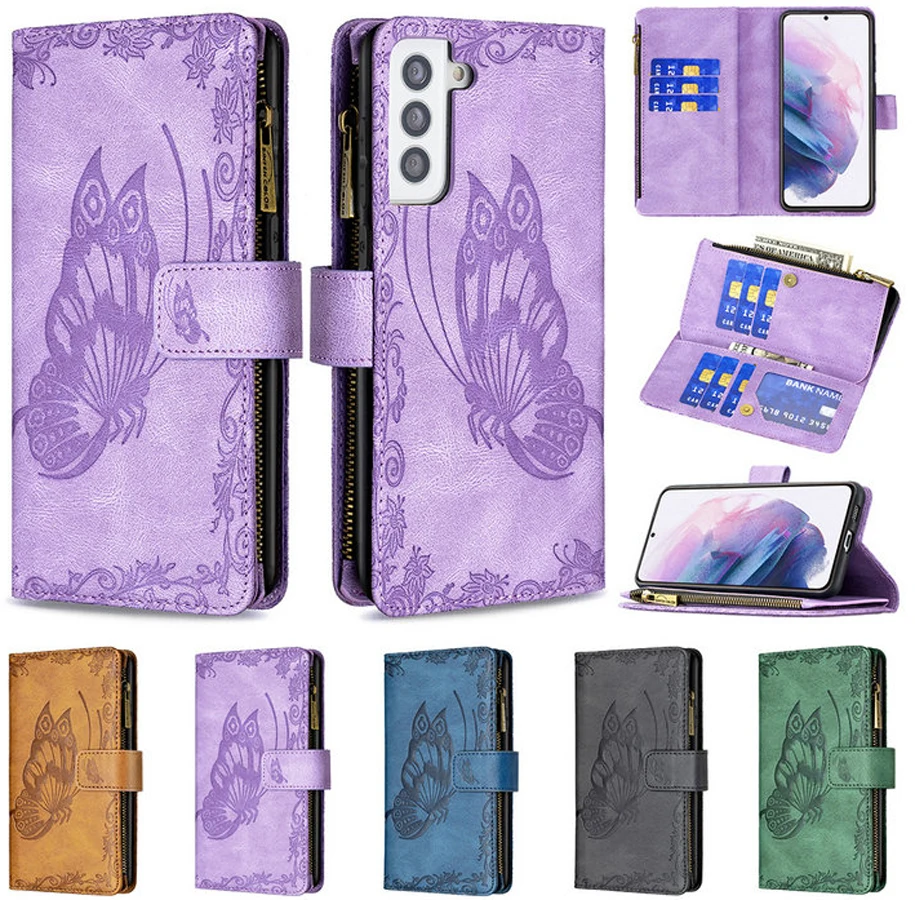 

For Samsung S21 Plus 5G Flip Zipper Wallet Case Samsung Galaxy S21 S 21 Ultra Retro Butterfly Luxury Case for Galaxy S21 Cover