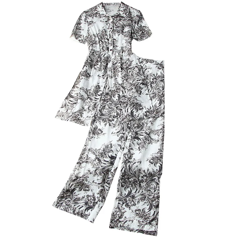 

Women luxury runway brand women two piece outfits summer 2021 designer vintage floral print long shirts and wide leg pants suits