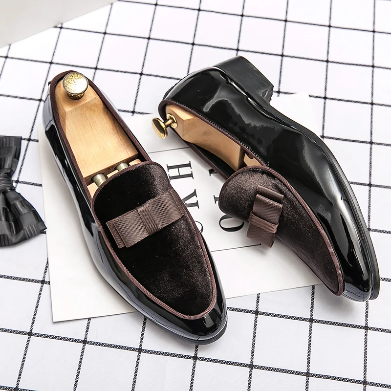 Туфли мужские из лакированной кожи заостренный носок бант Классические лоферы