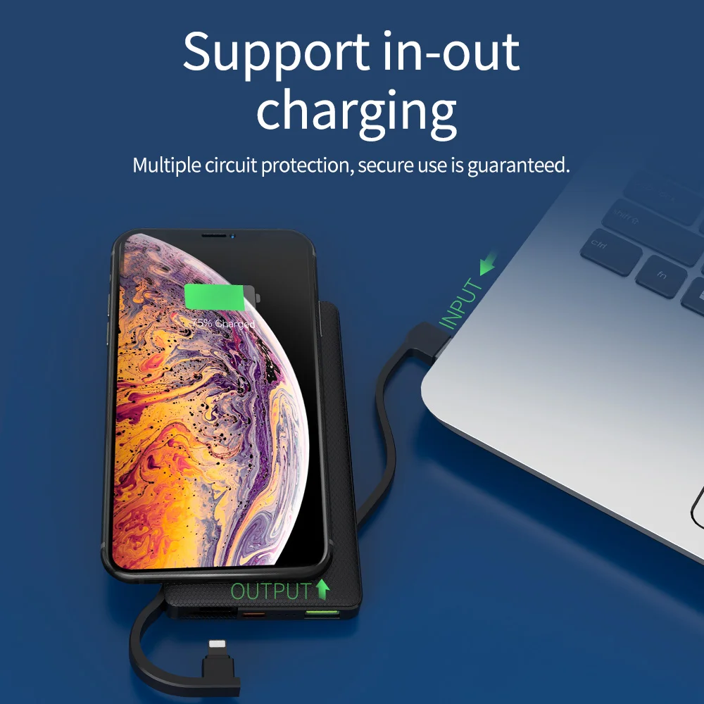 Hoco 3в1 QC3.0+ PD 18 Вт power Bank 10000 мА-ч, беспроводное зарядное устройство power bank с кабелем для iPhone X 11 Pro HUAWEI mate 30 быстрое зарядное устройство