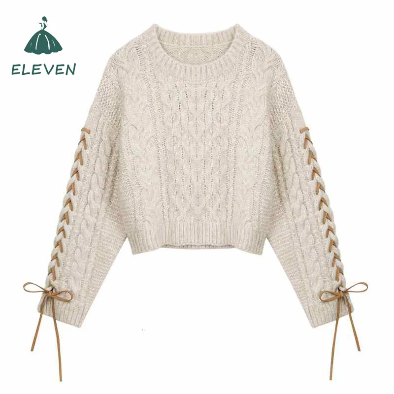 

New Retro Short Pullover Knitwear Women's Autumn Long-Sleeved Hoodie Loose Bow Tie Design Sense Sweater
