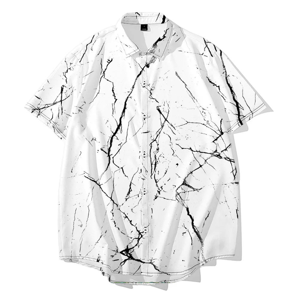 Black White Line Series Men's Shirt Large Size Casual Loose Short-Sleeved Shirt Summer Beach Wear Splash Ink Printed Shirt
