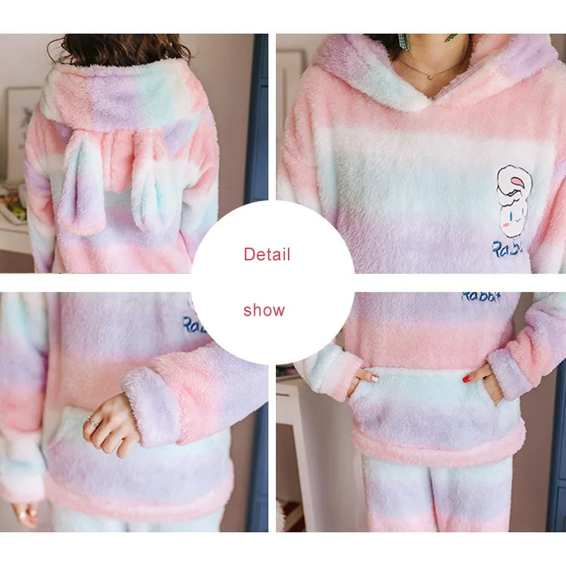 2019 зимние женские пижамы теплые утолщенные набор милые уши животные мультфильм с