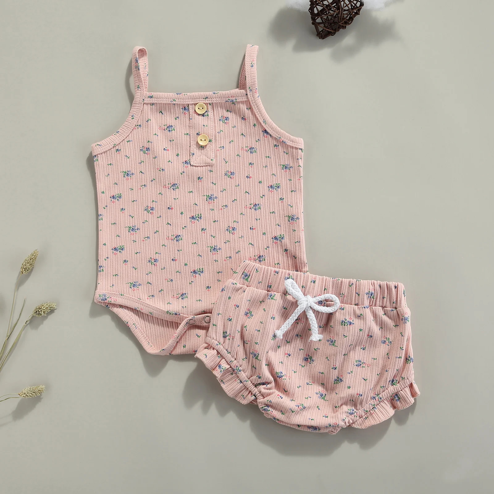 

2 Pieces Casual Summer Kids Baby Girls Boys Suit Set Flower Print Off Shoulder Sleeveless Romper+ Ruffled Shorts Sleepwear
