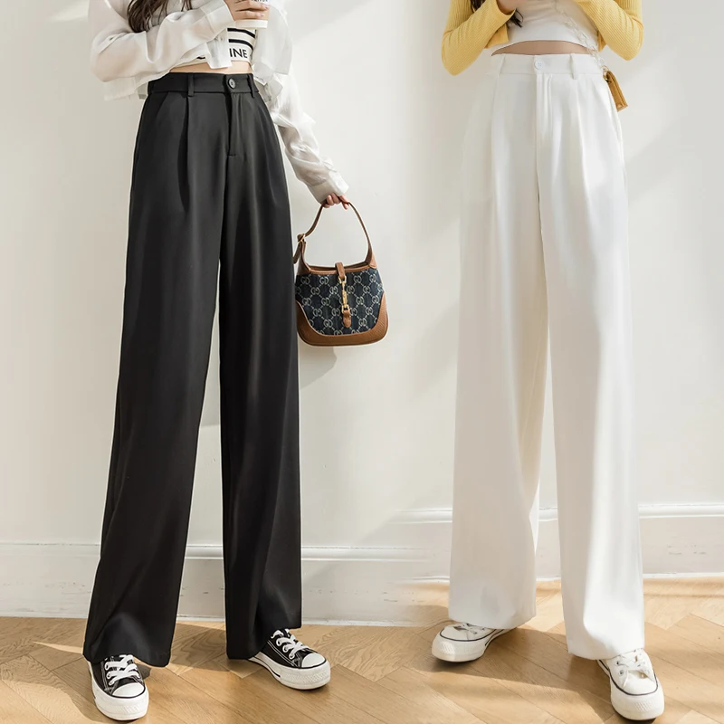 

Черные женские шикарные офисные прямые брюки, винтажные повседневные мешковатые женские брюки с завышенной талией, модные широкие брюки в ...