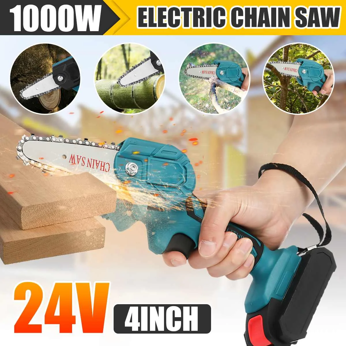 

1000W 24V электрическая пила Портативный 4 дюйма Электрическая цепная пила сад деревообрабатывающие фрезы плавное Скорость инструмент Перезар...