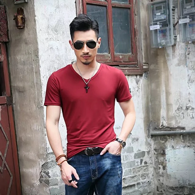 V neck Red M& DE футболка для мужчин, футболки с коротким рукавом и v-образным вырезом, черные и белые футболки, летние спортивные футболки для бега, мужские повседневные футболки, camiseta mascu - Цвет: V neck Red