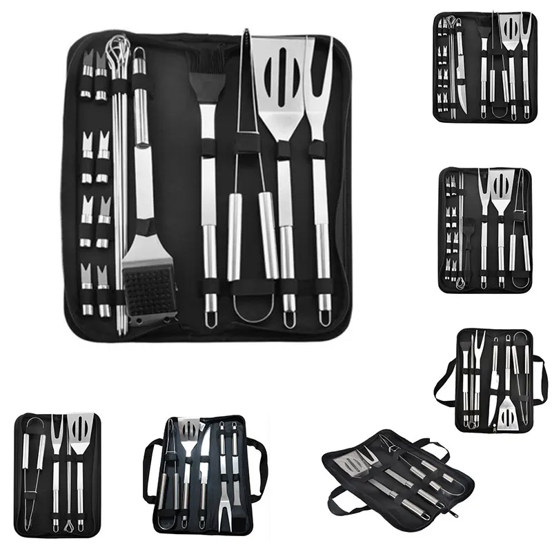 Stainless Steel BBQ Tools Set Spatula Fork Tongs Knife Brush Skewers Barbecue Grilling Utensil Camping Outdoor Cooking Tool Set