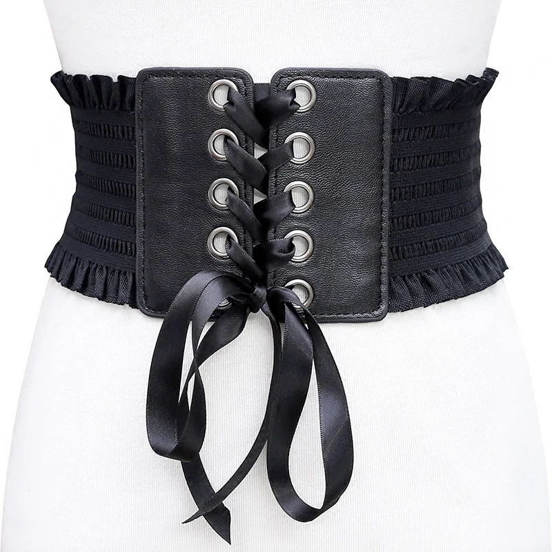 

Women Ladies Soft PU Leather Wrap Around Tie Waistband Lace Up Eyelet Cotton Corset Belt Cinch Waist Wide Dress Belt