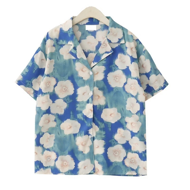 

2021 Summer Chiffon Blouse Short Sleeve Turn-down Collar Stylish Floral Print Loose Casual Shirts Chic Beach Tops