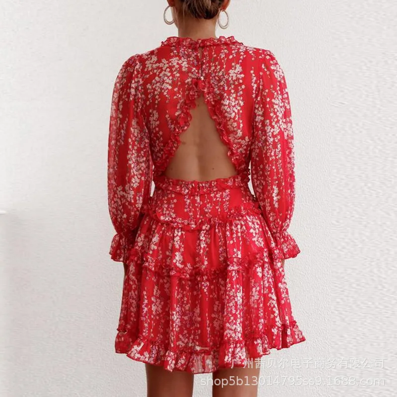 

WEPBEL Women Long Sleeve Dress V Neck Sexy Mini Dress Ruffles Floral Flower New Printed High Waist