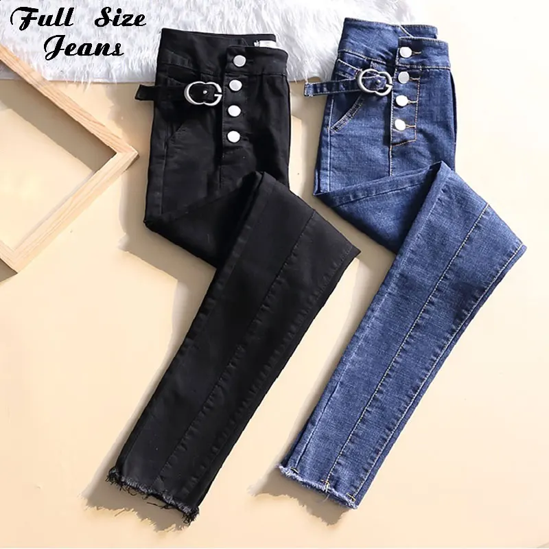 

Plus Size Asymmetric Button Up Stretch Skinny Jeans 3Xl 4Xl Autumn Decorative Belt Push Up Denim Pencil Pants Mom Jean