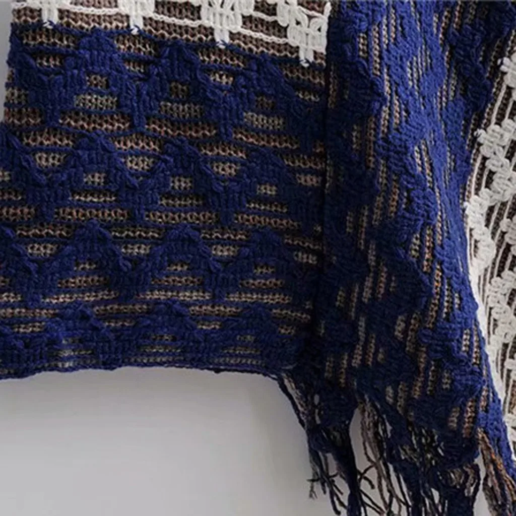 Женская накидка с жемчужным принтом зимний лоскутный свитер бахромой и рукавом