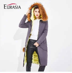 Женская длинная зимняя куртка EURASIA, новая брендовая стильная парка с воротником из натурального меха, плотная верхняя одежда с капюшоном, Y170022, зима