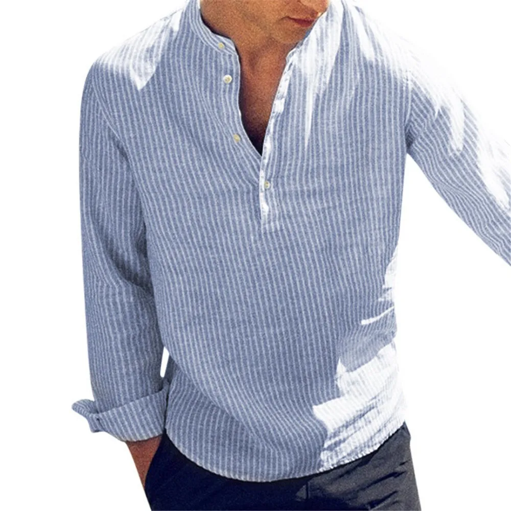 

2021 New Men Long Sleeve Vintage Striped T-Shirt Henley Tops Casual Loose Fit Tee Blouse Fashion Shirt