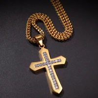 hip hop men gold color stainless steel inlaid zircon cross pendant ice out cuban crystal miami neckalce chain for men