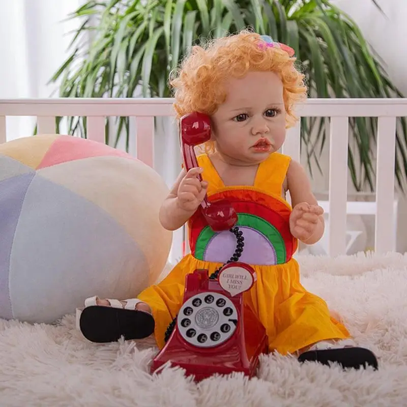 

23 Inch Golden Hair Color Skirt Brown Blue Eyes Silicone Happy Toddler Reborn Collectible Dolls Face Reborn Girl Baby Smili D0Y2