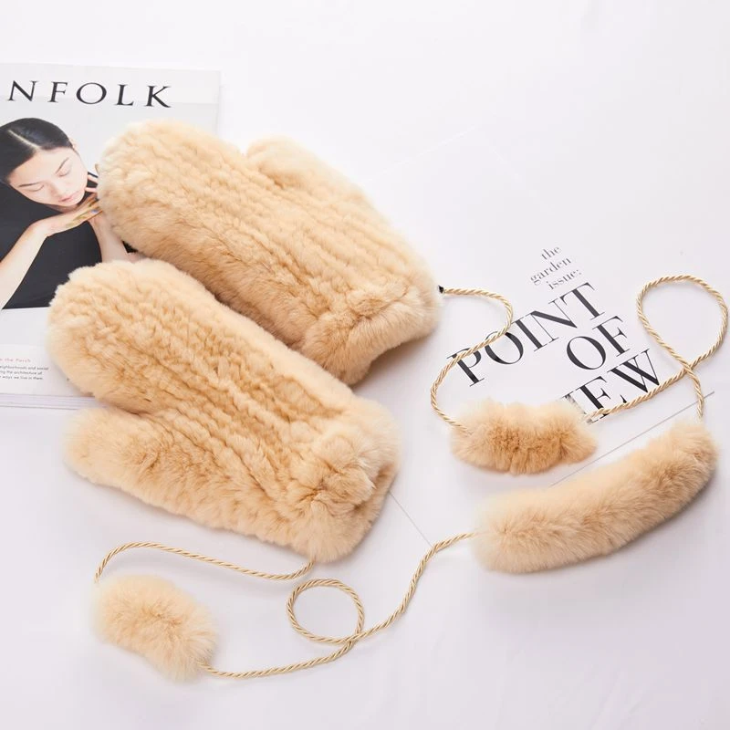 beige Glaforny новые зимние женские Настоящий мех кролика перчатки вязаные Настоящий мех кролика варежки горячая распродажа Женские теплые мягкие - Цвет: beige