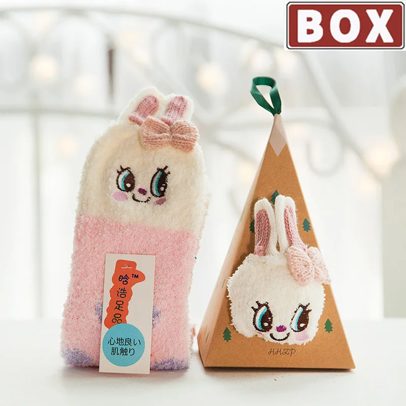 

Box Cute Animal Design Deer Christmas Socks Fluffy Coral Velvet Thick Warm Winter Sock Women Girl Boy New Year Gift Sox With Box