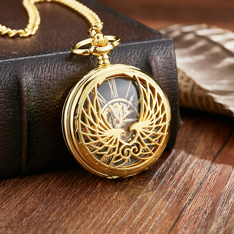 Roman Numeral Doctor Nurse Mechanical Pocket Watch Gold Skeleton Dial Male Luxury Wings Fob Chain Clock for Men Dropshipping