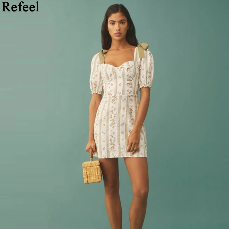 

Summer 2021 Floral Heath Green Stripe Patchwork Cream Vestidos Retro Short Sleeve Back Bandage Dress Vintage Girl Dress