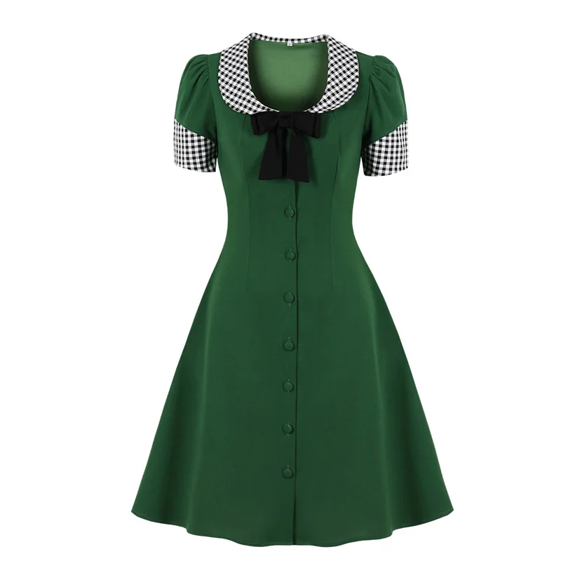 

Tartan clothing Women Summer short sleeve Plaid Printed Peter Pan Collar Green Casual Party A Line dress Rockabilly dresses