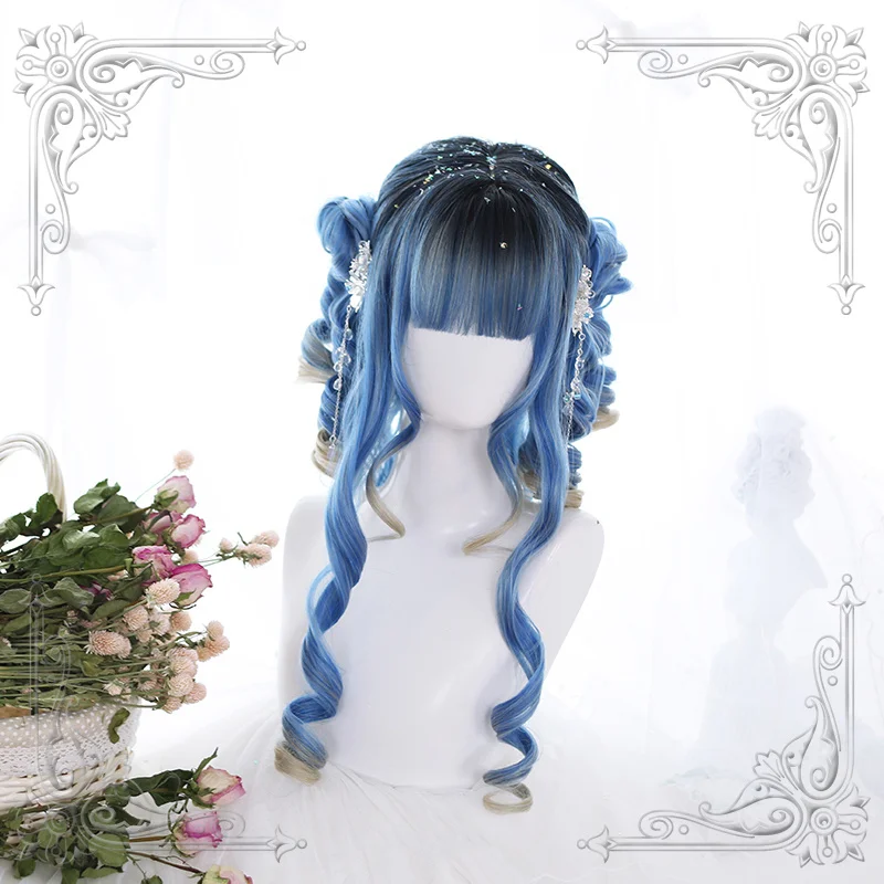 

High Quality Soft Girl Lolita Blue Roman Volume Hair Tail Gradual Change Long Curly Wig