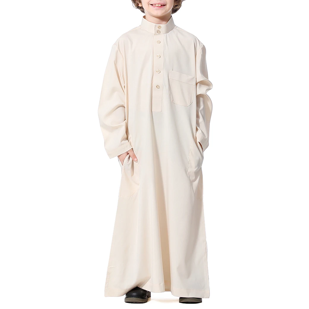 Kids Boys Jubba Thobe Muslim Long Robe Solid Stand Collar Long Sleeve Arab Kaftan Children Islamic Middle Eastern Dubai Clothing