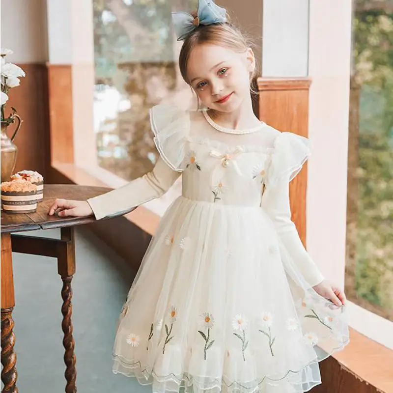 Lovely Children Floral Dress For Girls Long Sleeve Loose Mesh Hem Gowns Kids Birthday Wedding Prom Party Dresses Clothing