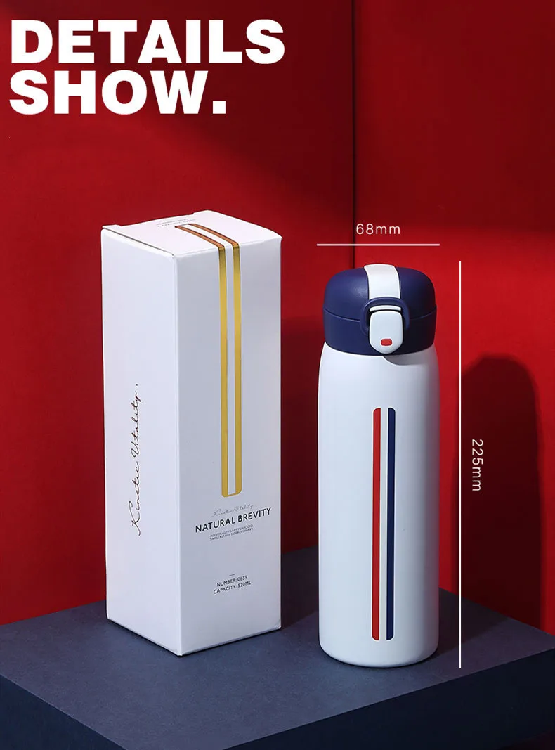 Stainless Steel Vacuum Insulated Thermos Mug Water Bottle Tumbler Office Coffee Tea Thermal Cup Leakproof Travel Portable 520ml