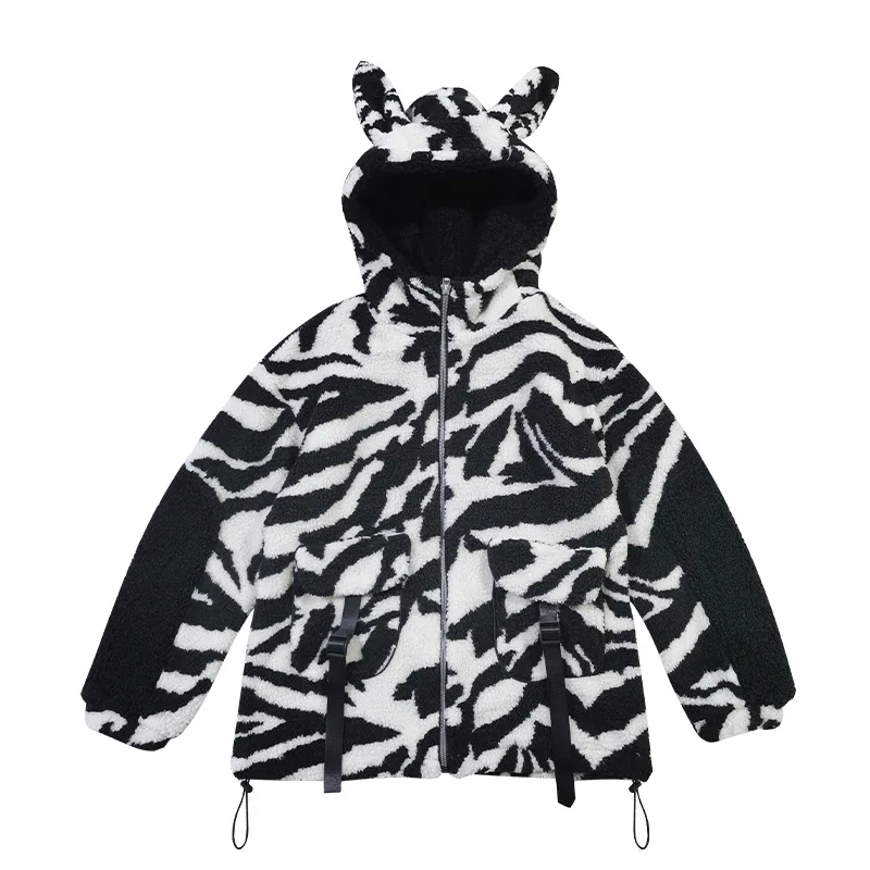 

Korean Winter Plush Rabbit Ear Hooded Loose Lamb Women's Coat Female Fur Top Zebra Pattern Warm Winter Coats for Women Clothes