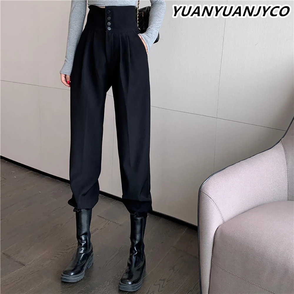 

YUANYUANJYCO Spring Autumn Women Long Casual Harem Pants Korean Style Fashion High Waist Buttons Khaki Black Cargo Trousers