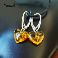 yoowei 3013mm natural amber earrings authentic female gift silver heart drop earring genuine 100 real amber jewelry wholesale