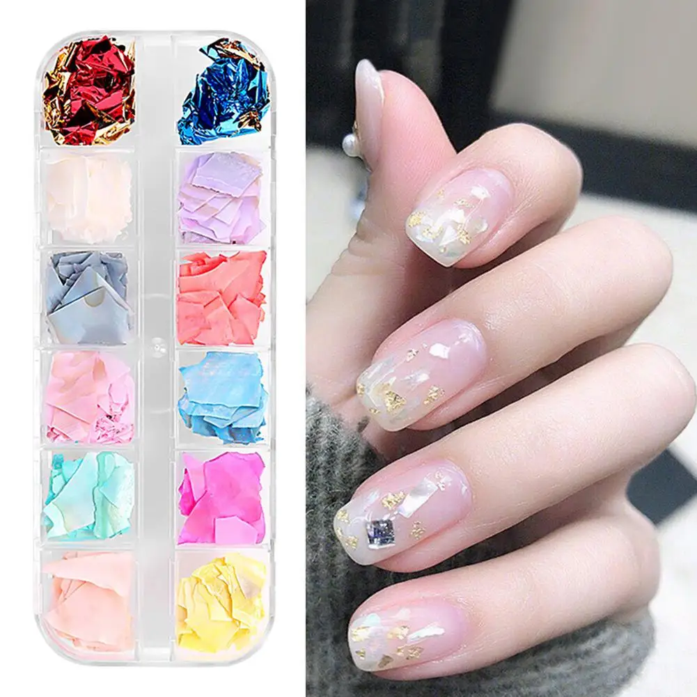 12 Цветов блеск для ногтей маникюра скорлупу каменного порошка акриловые УФ гель