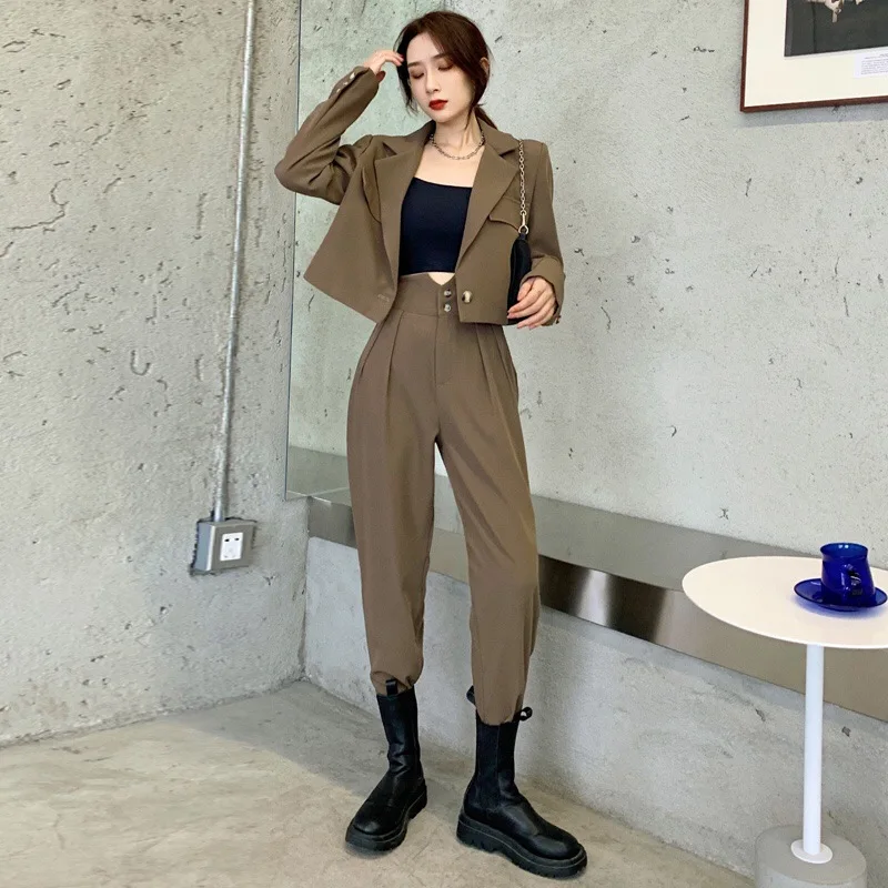 

Office Lady Blazer Suit Vintage Two Piece Set Women Long Sleeve Cut Fitted Blazer + High Waist Wide Leg Pants 2 Piece Outfit