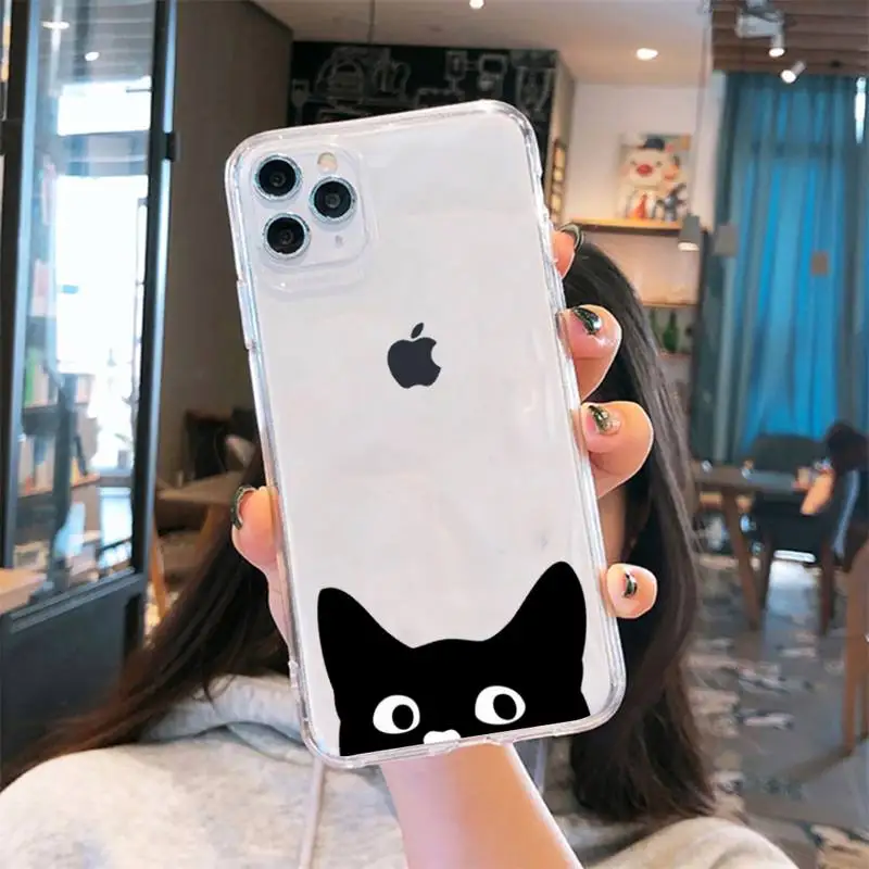 

animal cat black lovely cute shell Phone Case Transparent for iPhone 6 7 8 11 12 s mini pro X XS XR MAX Plus
