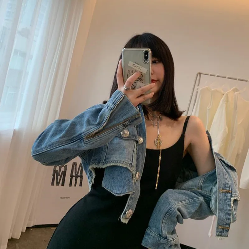 Куртка женская джинсовая в готическом стиле свободная короткая цельная