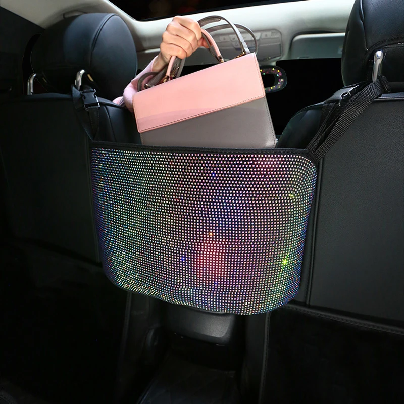 

Crystal Rhinestone Car Storage Bag Organizer Barrier of Backseat Holder Multi-Pockets Car Container Stowing Tidying