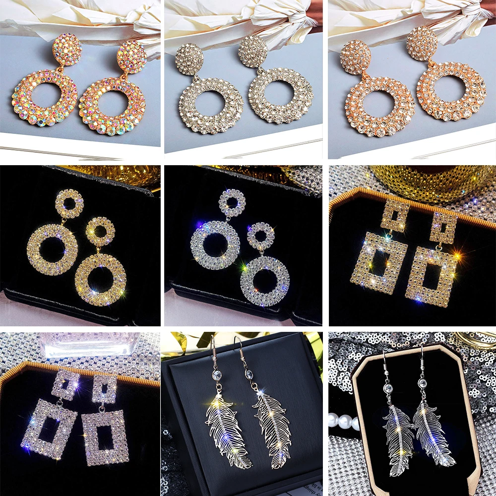 

9 Pairs Women Statement Round Colorful Rhinestone Drop Earrings Fashion Crystals Jewelry Ladies Jewellery Wholesale