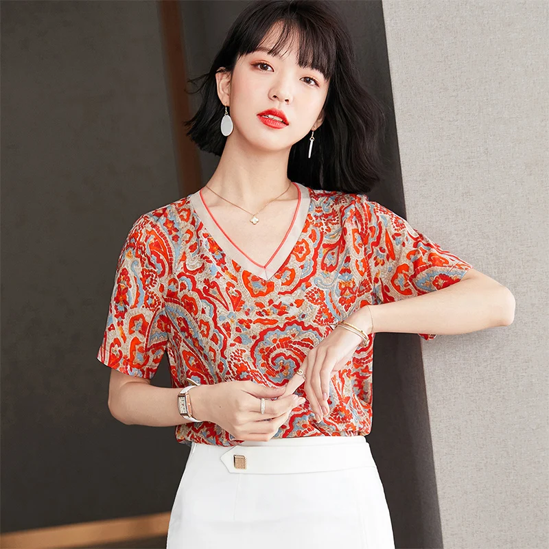 

Summer T-shirts Mujer Printing Tees Top Polyester Women Clothes Streetwear Short T Shirt V-Neck Short Sleeves Blusas Femme