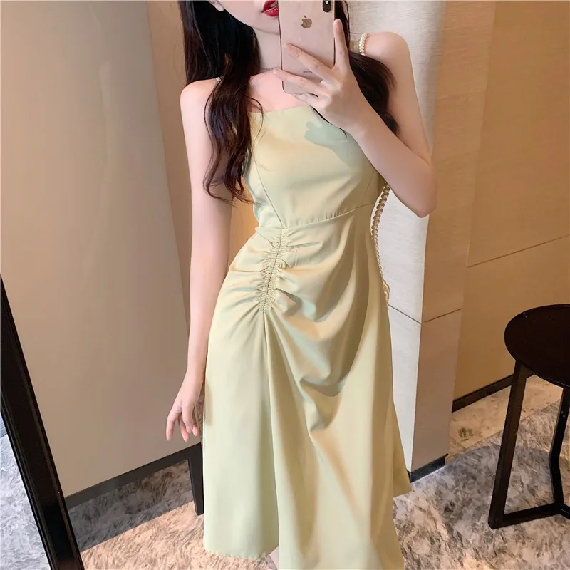 

Sling dress female 2021 summer new style strapless self-cultivation comfortable folds thin sexy asymmetric mid-length skirt