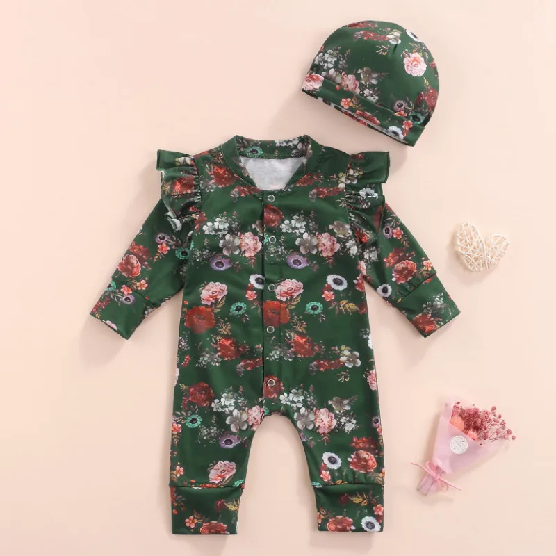 

Комбинезон с шапкой для маленьких девочек, детские комбинезоны с цветочным принтом, V-образным вырезом, длинным рукавом и оборками + шапочка ...