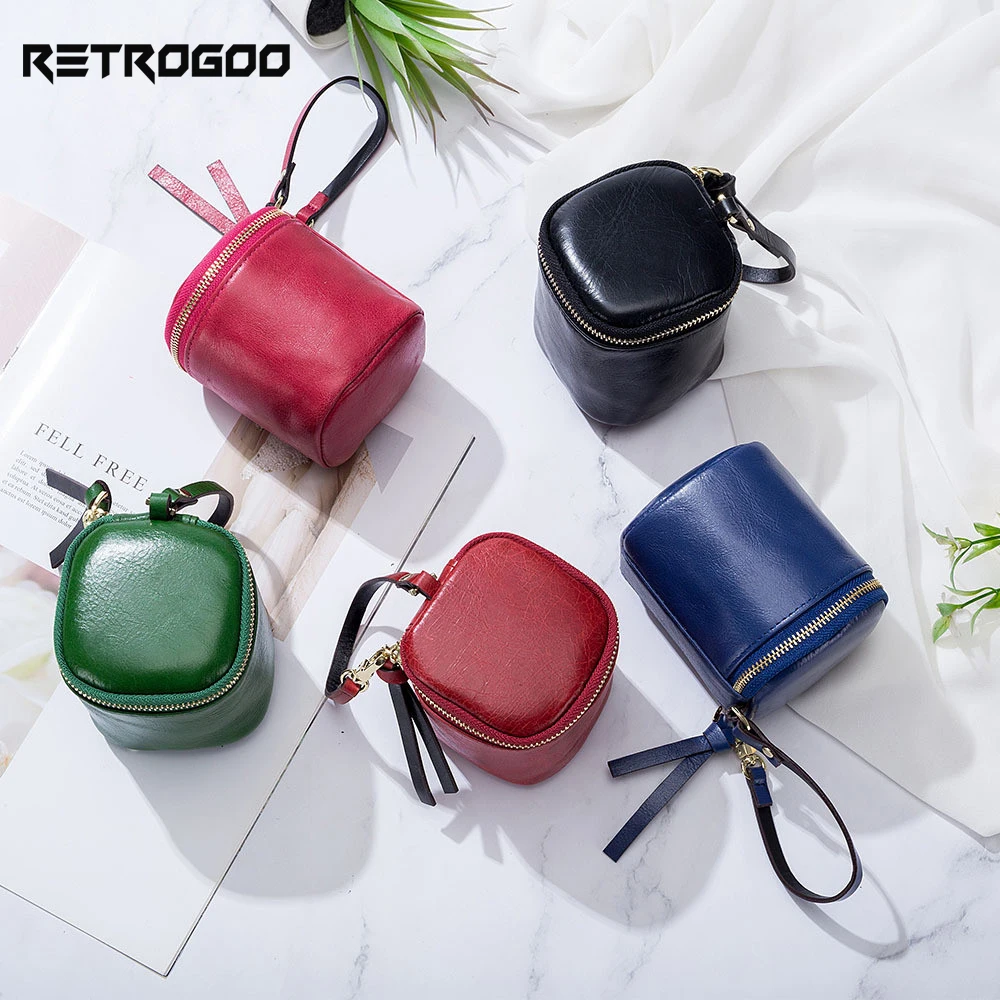 

RETROGOO Genuine Leather Women Cosmetic Bag With Makeup Mirror Ladies Lipstick Bag Mini Coin Purse Gril Storage Bag Car Key Case