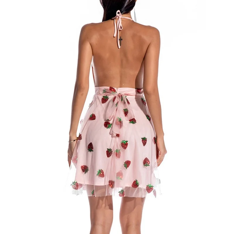 

Sweet strawberry embroidery pink mini dress Sexy backless v neck sleeveless halter mesh patchwork high waist swing dress