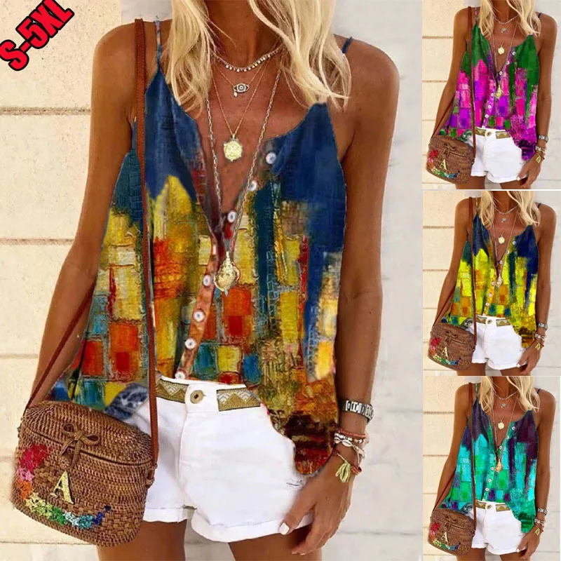 

Women Tees Female 2021 Big Large Ruffles Summer Hole Boho Sexy Tops Femme Strap Button Ladies Vest Tank T Shirts Plus Sizes