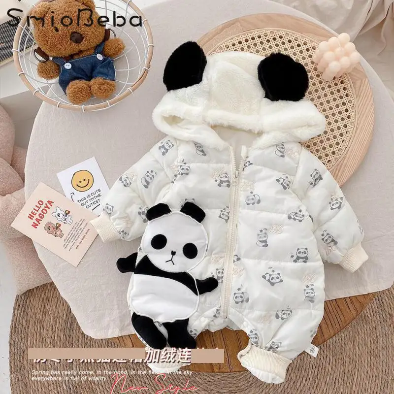 

Baby Unisex Boys Girls Rompers Giant Panda Bodysuit Winter Clothes Kids Plush Climbing Clothes Newborn Outdoor Clothes Hooded