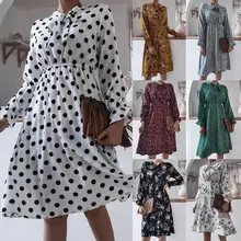 Robe mi longue en mousseline de soie pour femmes, imprimé Floral, décontracté, Vintage, manches évasées, nœud papillon, printemps automne  (1)