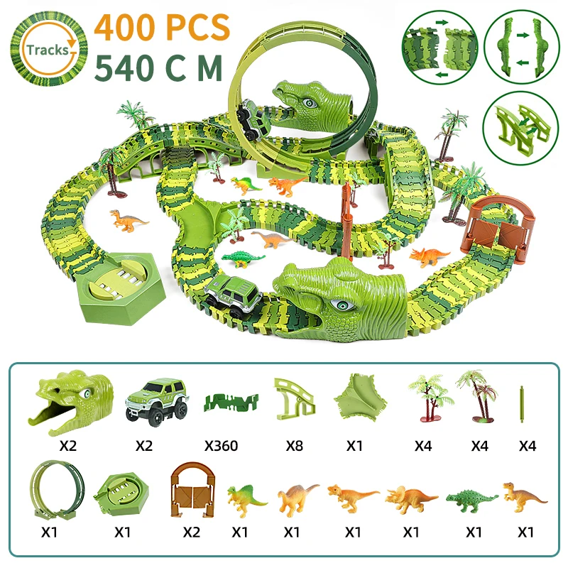 Coche de carreras de dinosaurios para ni&ntilde;os, juguete de v&iacute;as de v&iacute;a f&eacute;rrea, Flexible, pista m&aacute;gica, Montessori, 269 Uds.-0